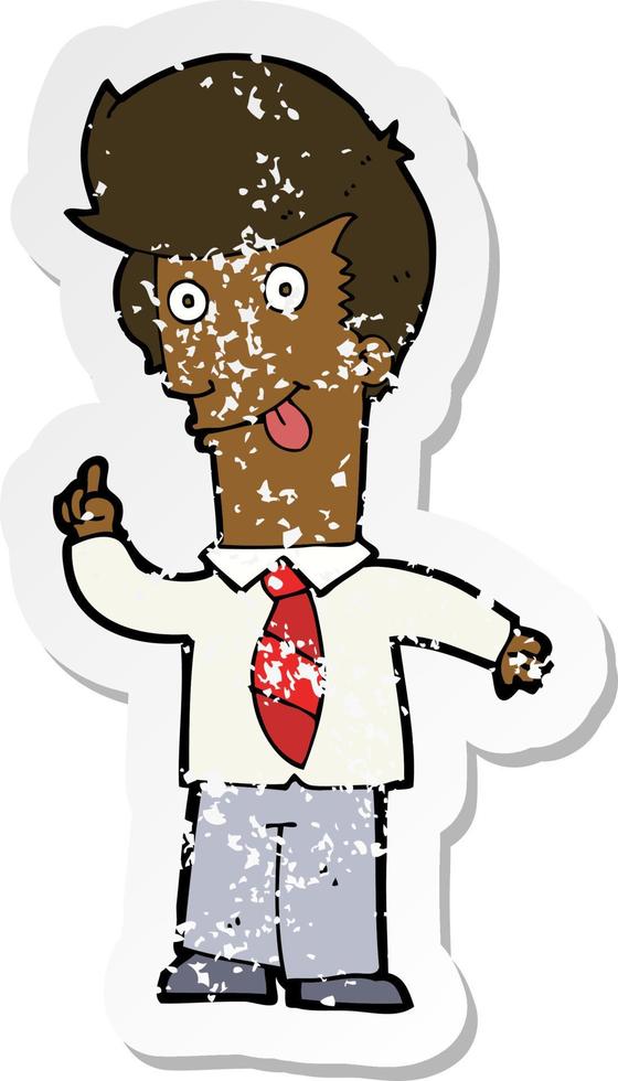 retro distressed sticker of a cartoon office man with crazy idea vector