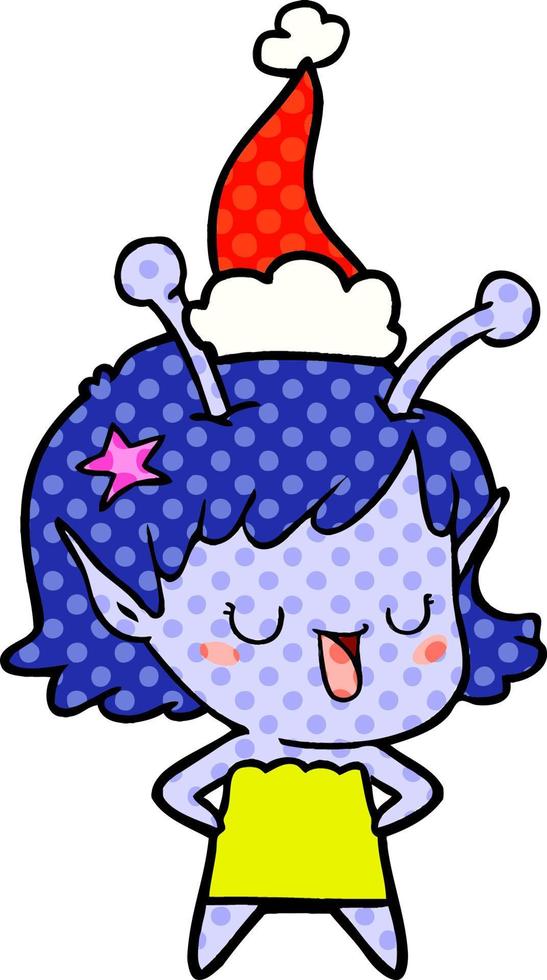 happy alien girl comic book style illustration of a wearing santa hat vector