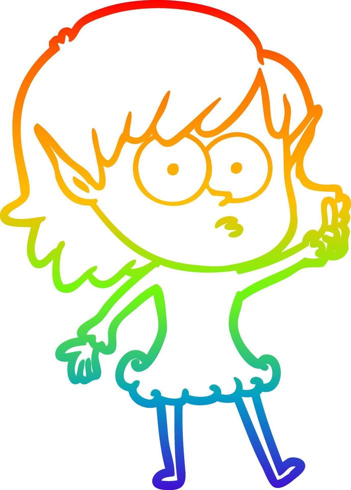 rainbow gradient line drawing cartoon shocked elf girl vector