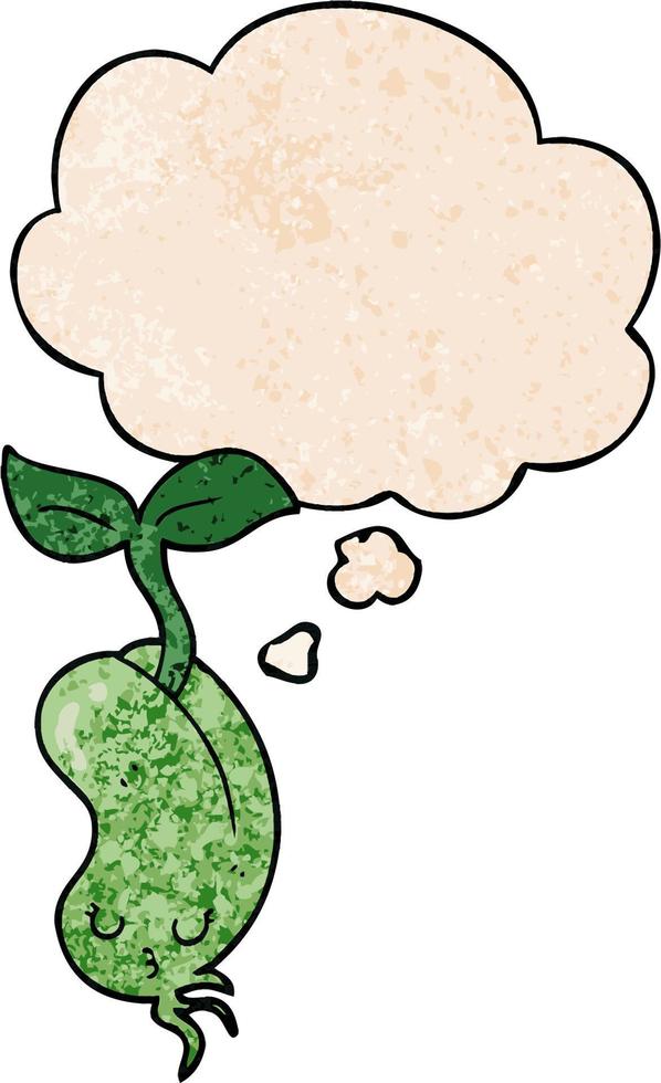 cartoon sprouting bean and thought bubble in grunge texture pattern style vector