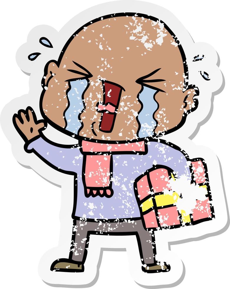 distressed sticker of a cartoon crying bald man vector