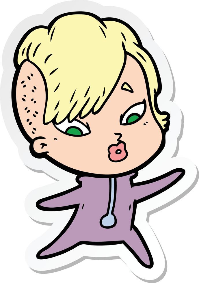 sticker of a cartoon surprised girl in science fiction clothes vector