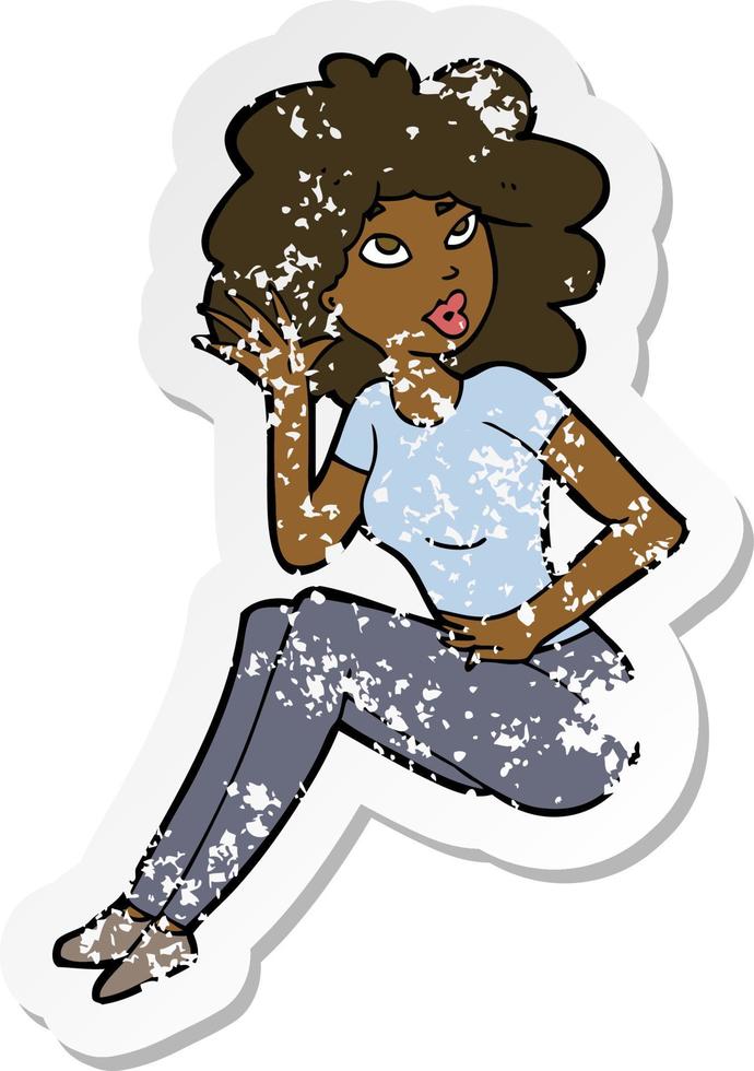 retro distressed sticker of a cartoon woman listening vector