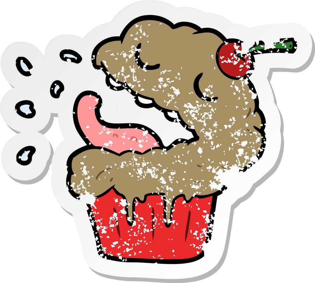 distressed sticker of a cartoon cupcake vector