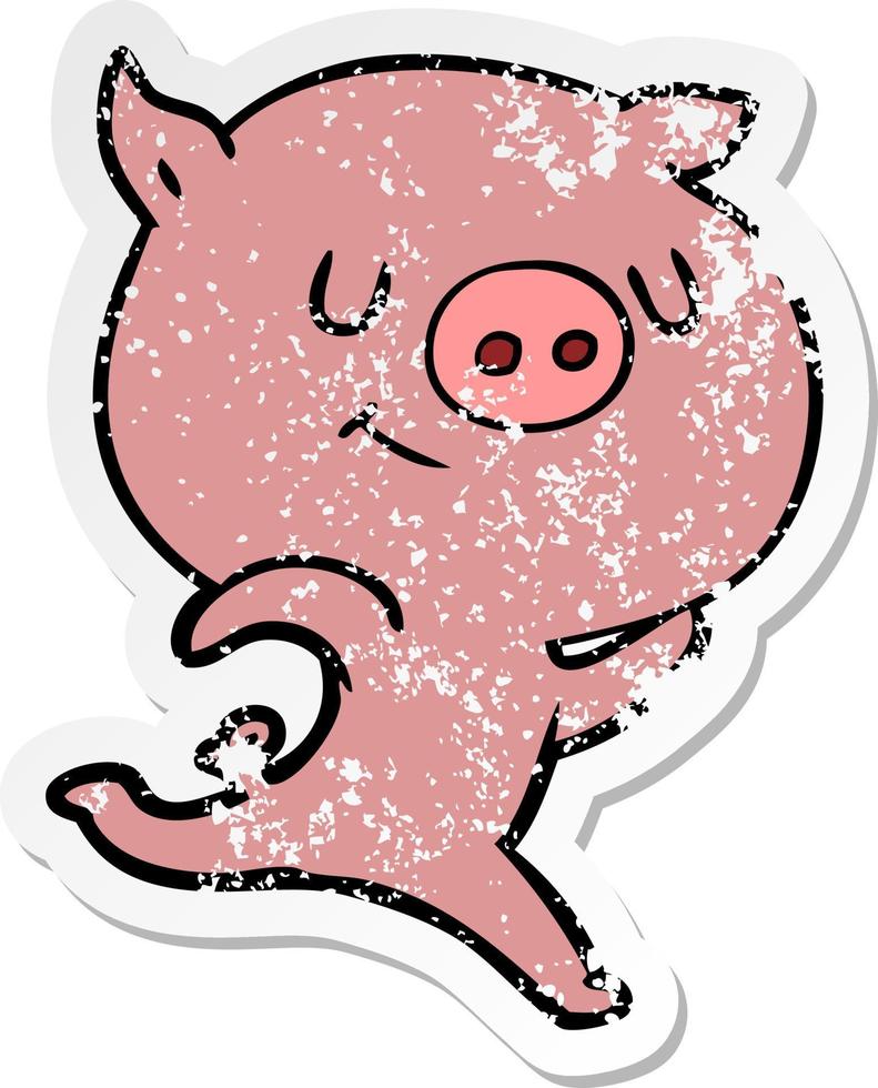 distressed sticker of a happy cartoon pig running vector