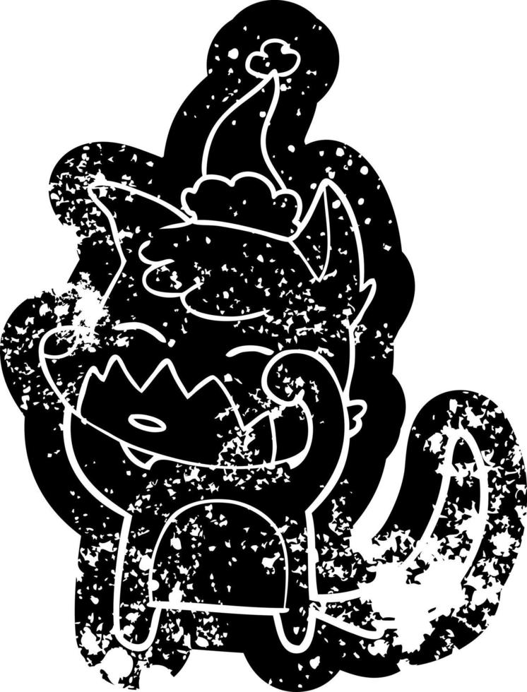 cartoon distressed icon of a fox wearing santa hat vector