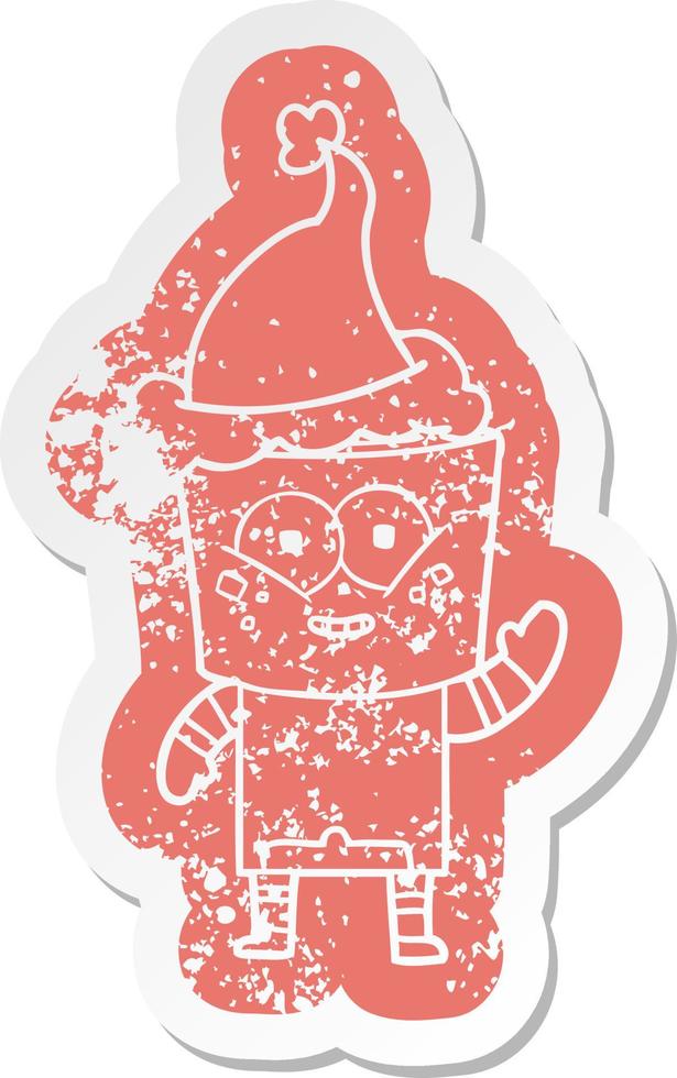 happy cartoon distressed sticker of a robot waving hello wearing santa hat vector