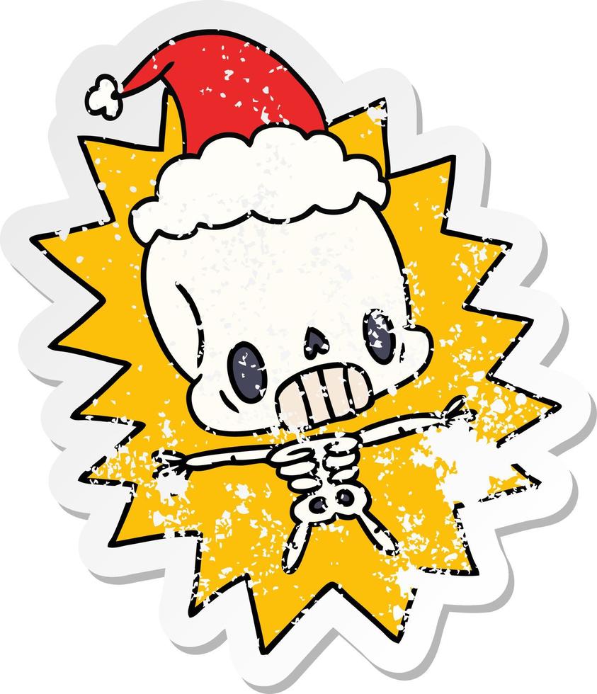 christmas distressed sticker cartoon of kawaii skeleton vector