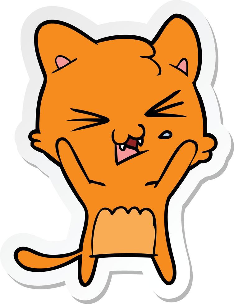 sticker of a cartoon hissing cat vector