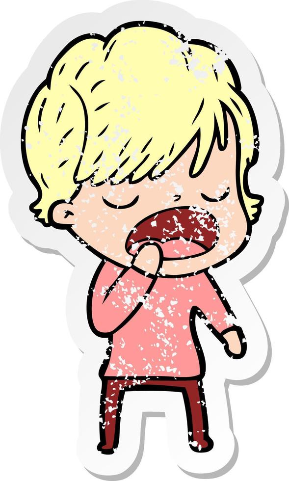 distressed sticker of a cartoon woman talking vector