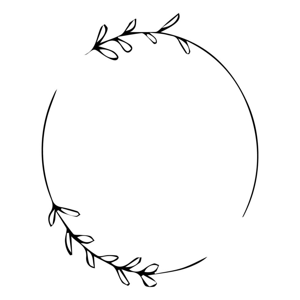 Elegant oval floral frame, border silhouette in hand drawn doodle style isolated on white background. vector