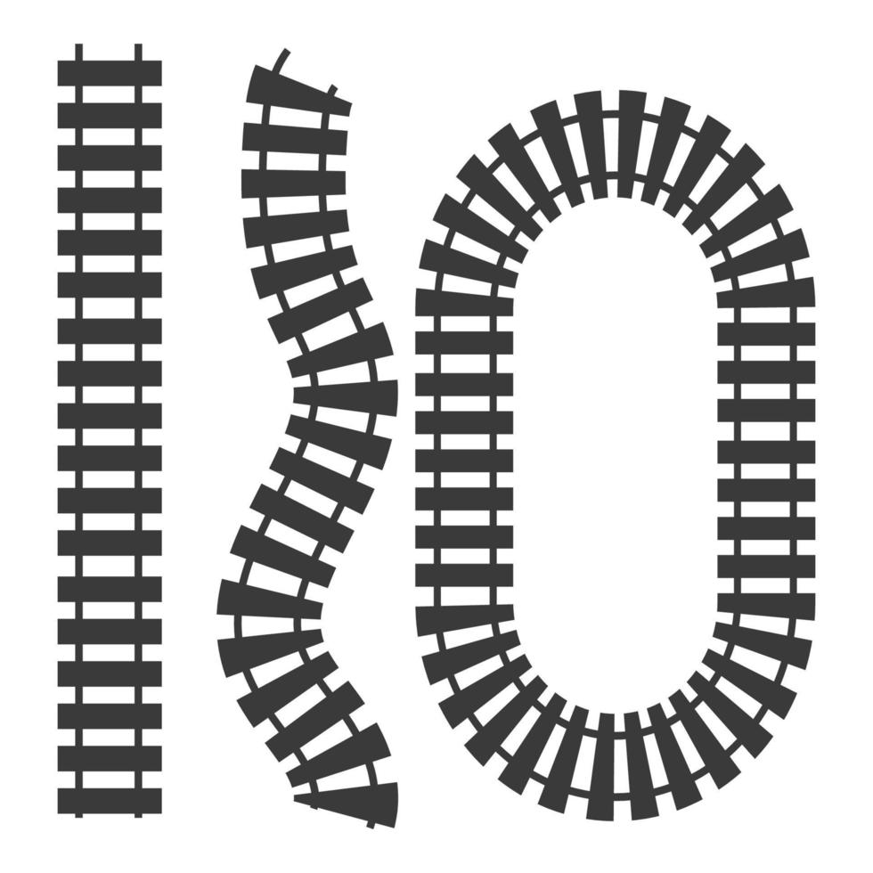Rail way collection silhouette top view, black train road in cartoon style isolated on white background. vector