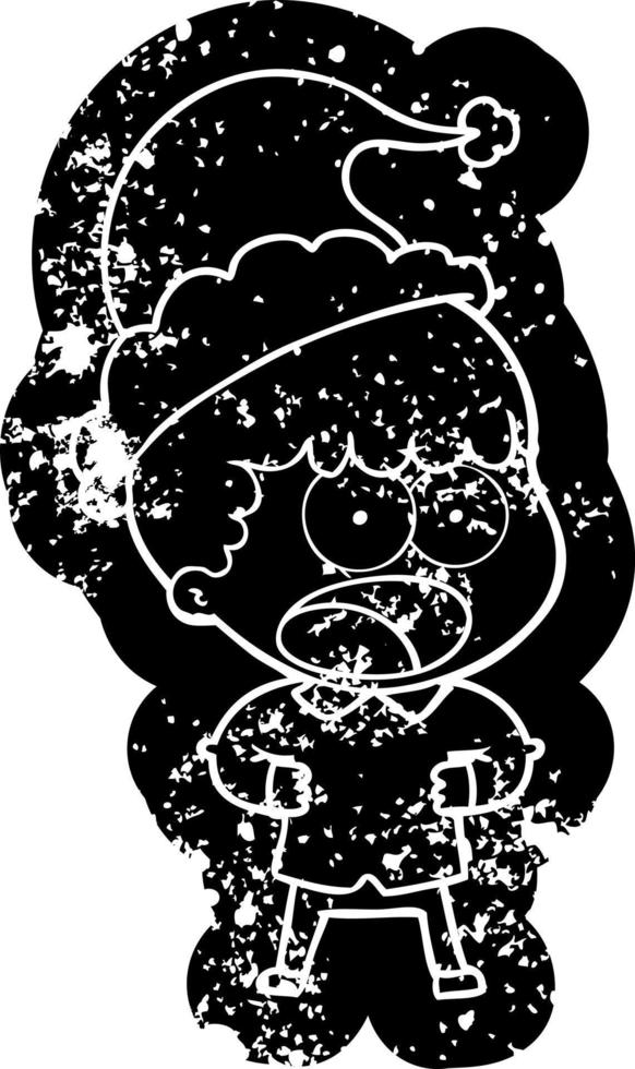 cartoon distressed icon of a shocked man wearing santa hat vector