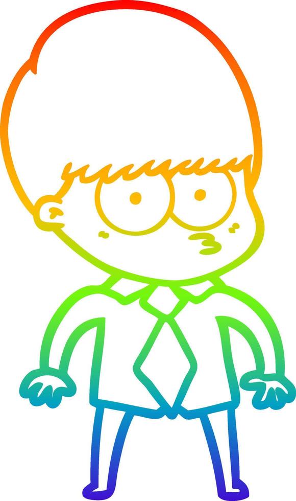 rainbow gradient line drawing nervous cartoon boy wearing shirt and tie vector