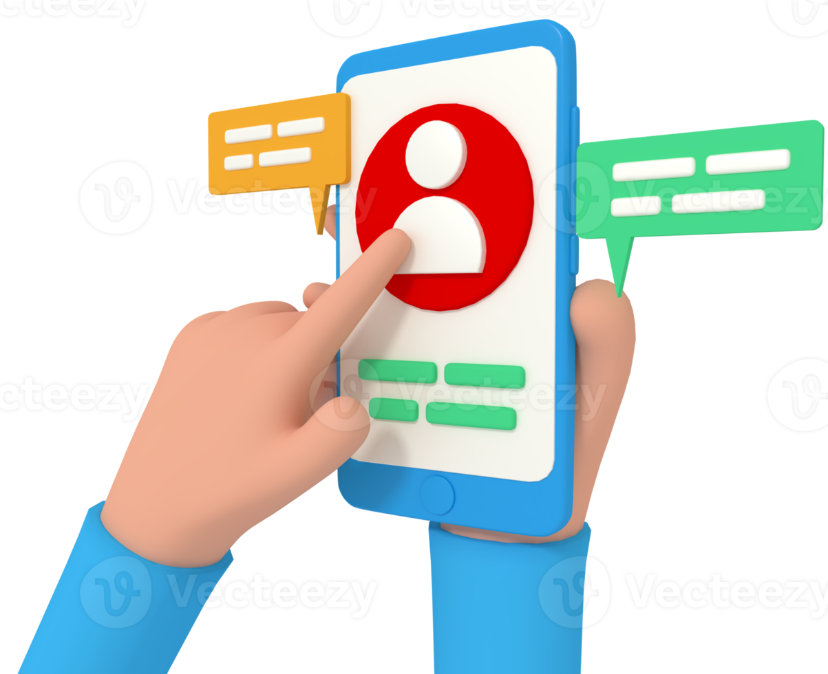 3d illustration holding phone open user profile png