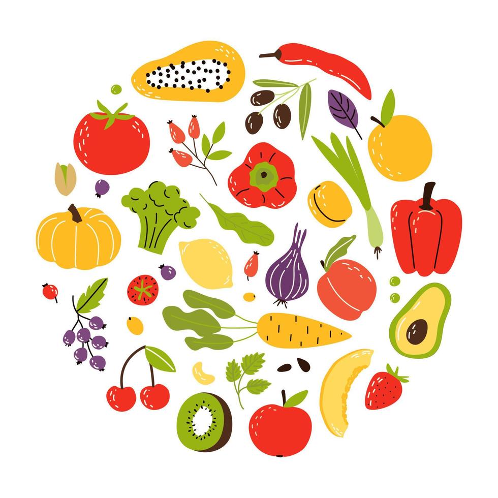 A set of products in a circle, healthy food. Fruits, vegetables and nuts. Cartoon flat vector illustration isolated on white background.