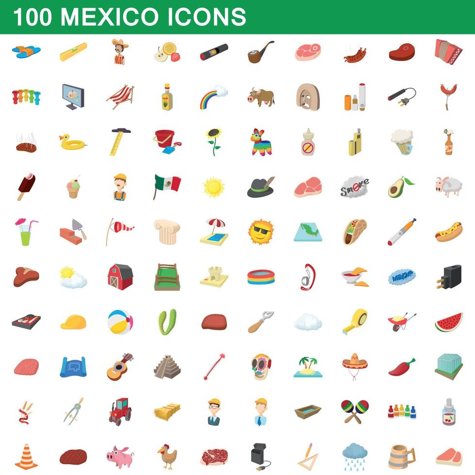 100 mexico icons set, cartoon style vector