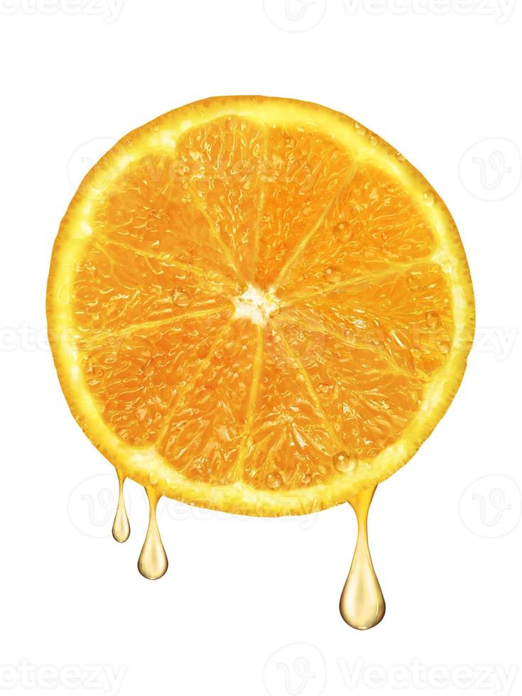 drops of juice falling from orange isolated on white background photo