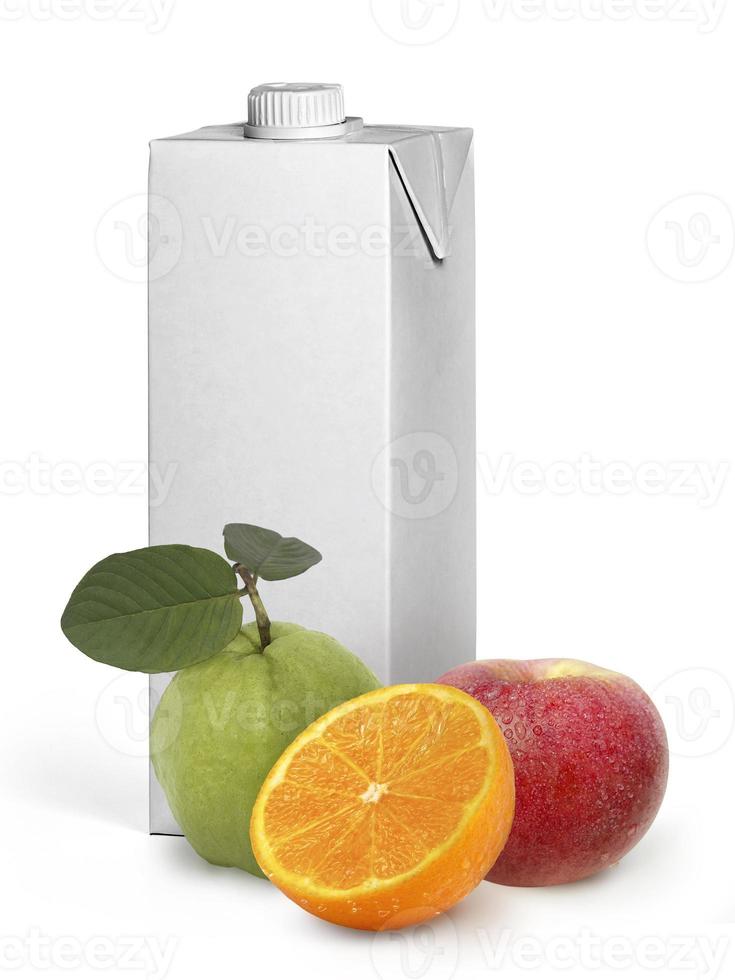 oranges, apples, guava, and Box empty white fruit juice  isolated on white background photo