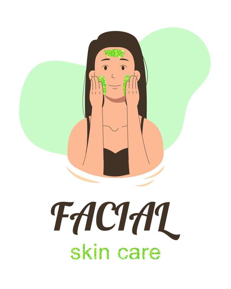 A poster of a woman applying a cosmetic product to her face. Cream with green sequins. Banner on skin care. Skin care procedure, application of cream. Vector illustration.