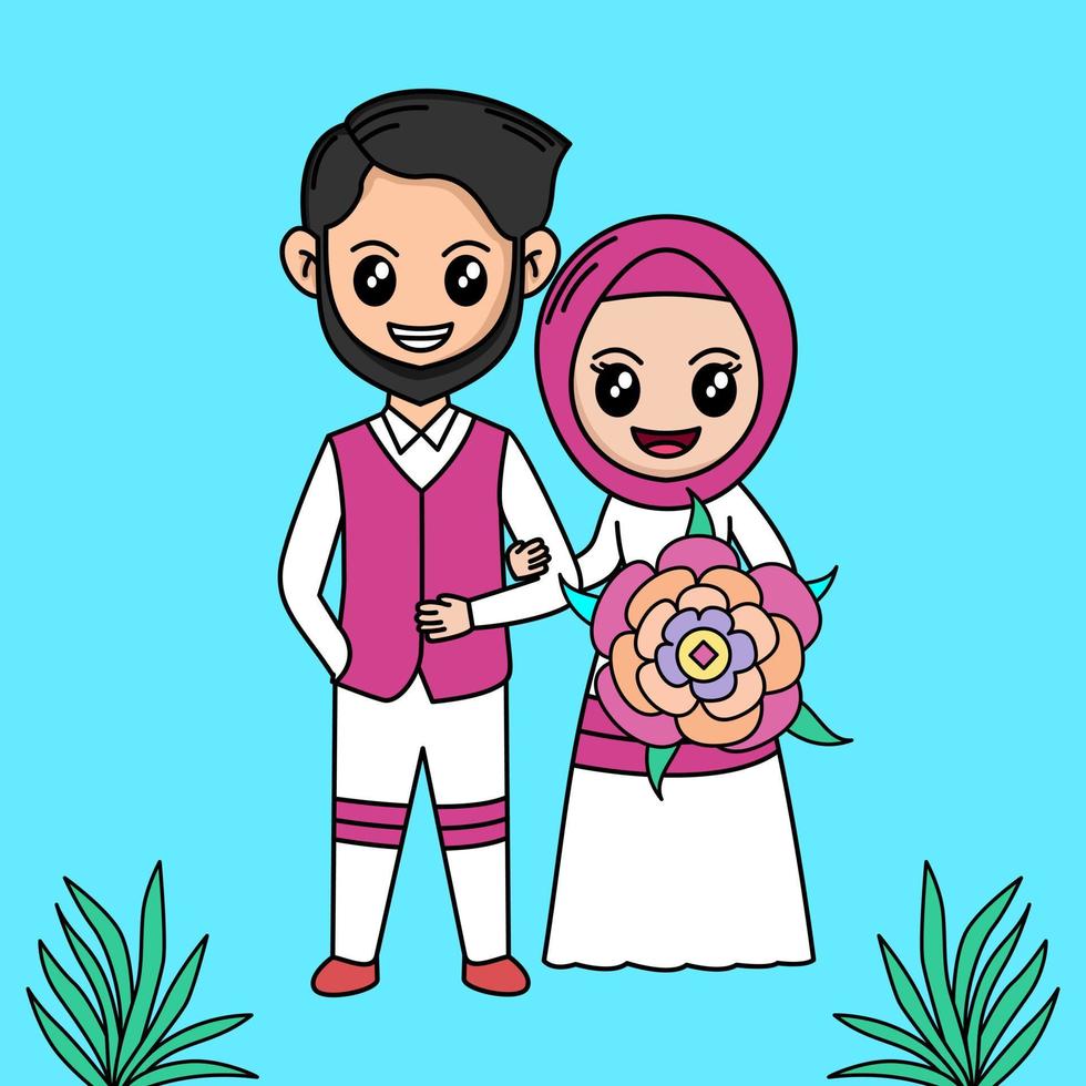 ilustración vectorial de boda de dibujos animados con tema de plantas y flores vector