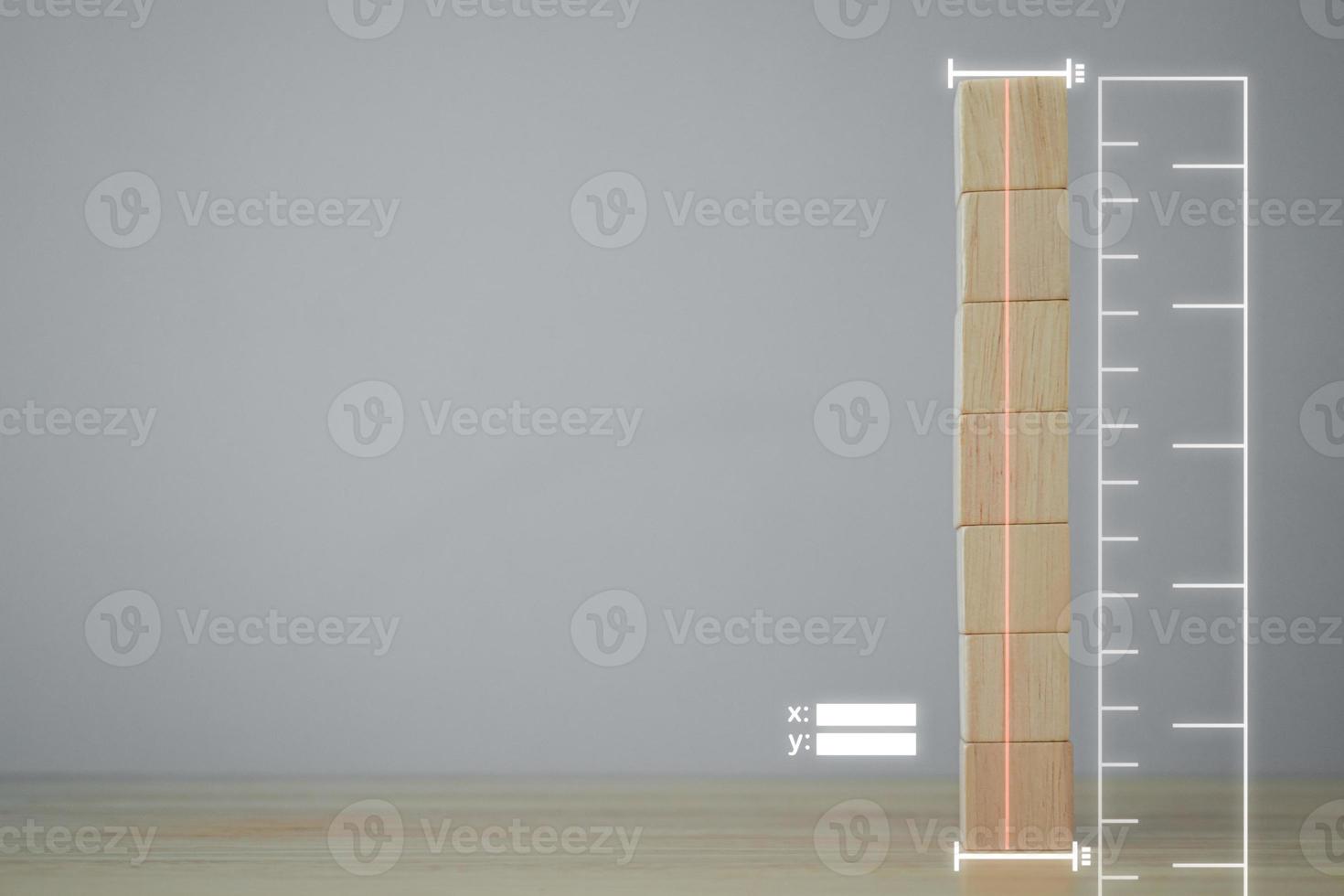 Measurement concept. This image shows how to use measuring application. Find size of wood block that arranged in vertical. photo
