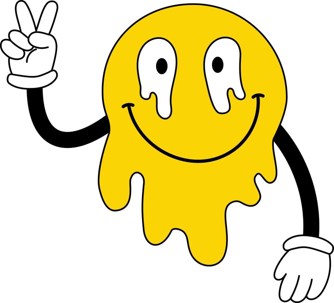 cara de sonrisa derretida, pegatina trippy. divertido personaje de sonrisa de fusión de ácido surrealista con manos con guantes. emoji positivo. vector