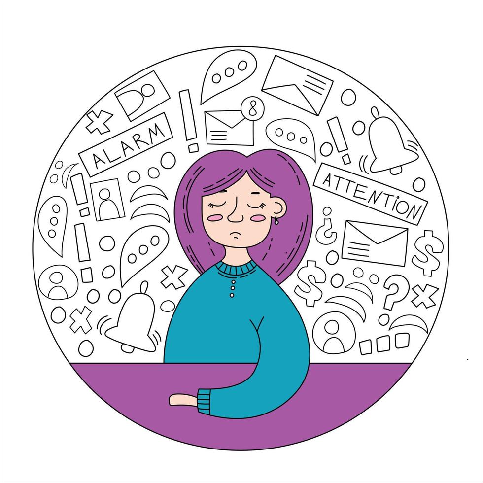 Emotional burnout Woman under anxiety pressure Social demands and work life balance problems Doodle vector illustration