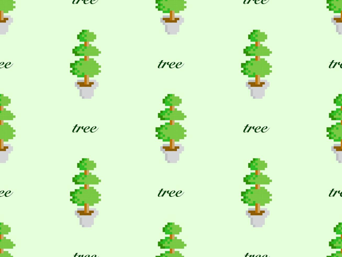 Tree cartoon character seamless pattern on green background. Pixel style vector