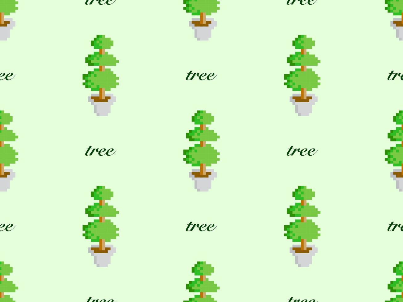 Tree cartoon character seamless pattern on green background. Pixel style vector