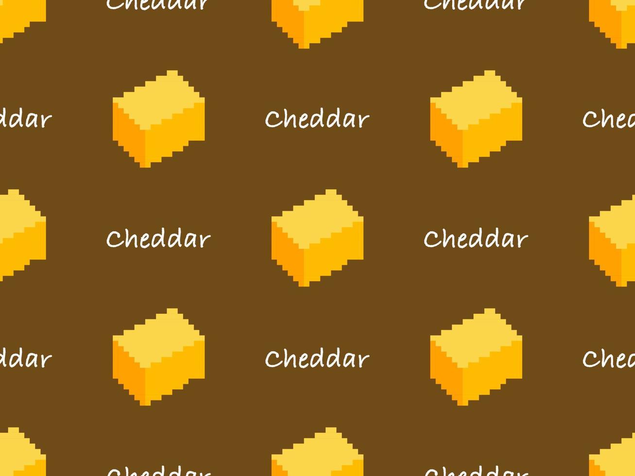 Cheddar cheese cartoon character seamless pattern on yellow background. Pixel style vector