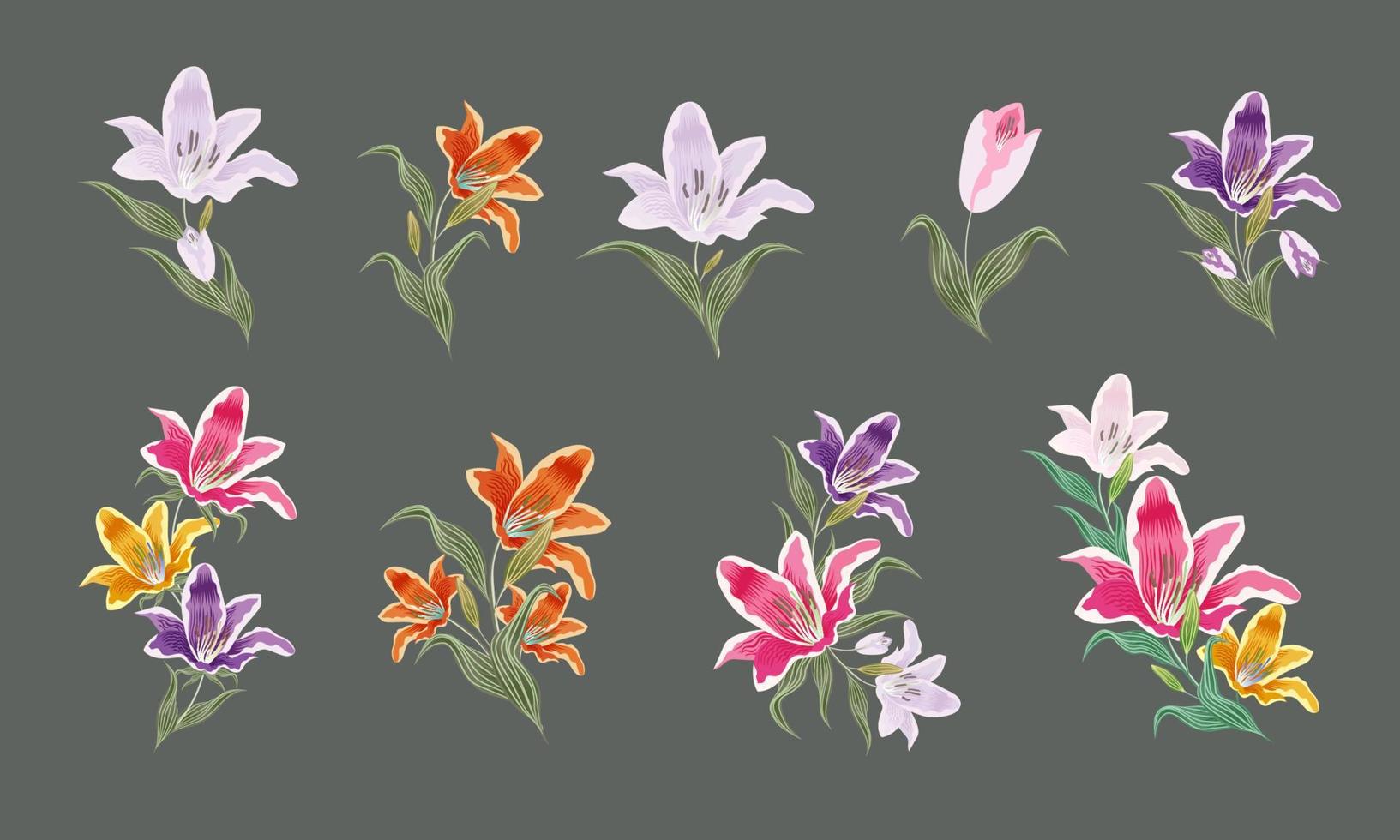 collection of flowers and leaves. Vector illustration.