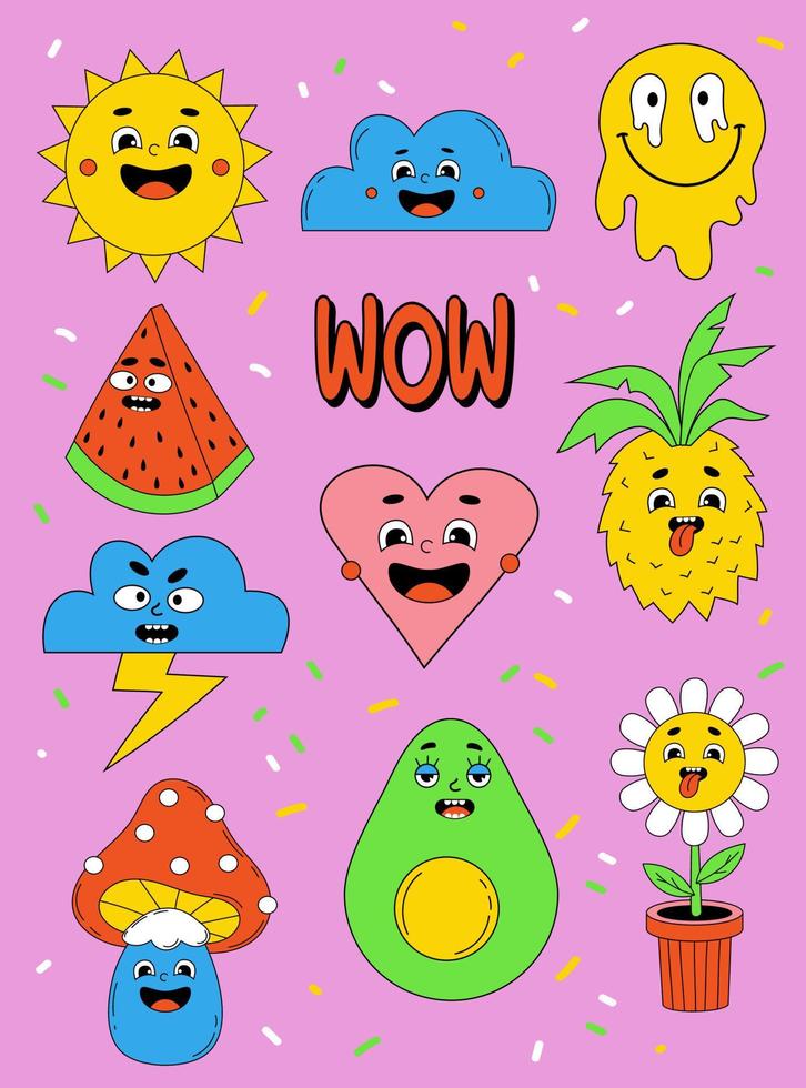 Funny cartoon characters. Big set of comic elements in trendy retro cartoon style. Vector illustration of heart, patch, cute sun, cloud, watermelon, avocado, flower and mushroom faces etc..