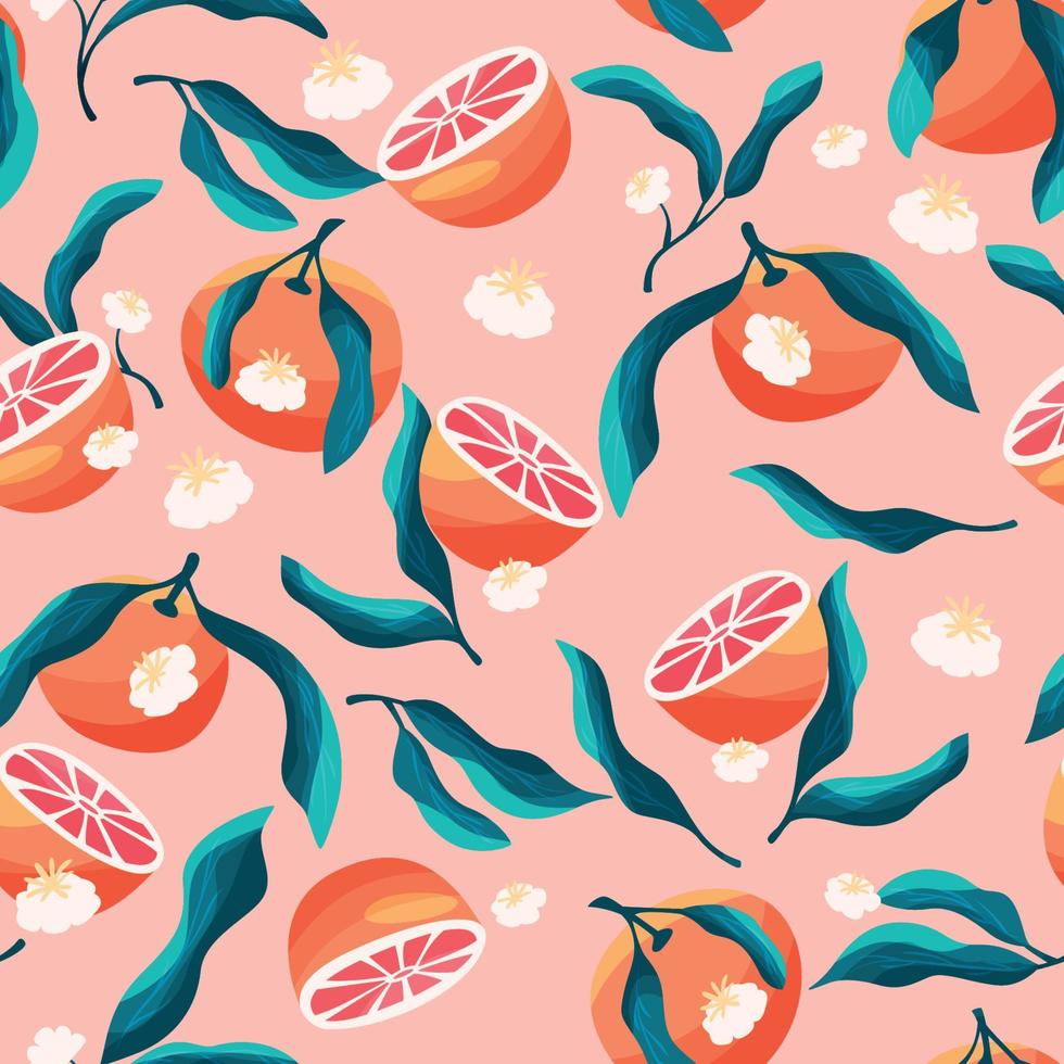 Seamless pattern with hand drawn oranges and floral elements. Fruit and floral design in bright colors. Colorful vector illustration.