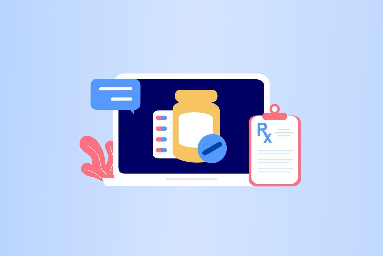 Online prescription drugs, prescription management system, online pharmacy, drugstore, diagnosis, hospital. Online medical consultation, telemedicine and e-health care concept. Vector illustration.