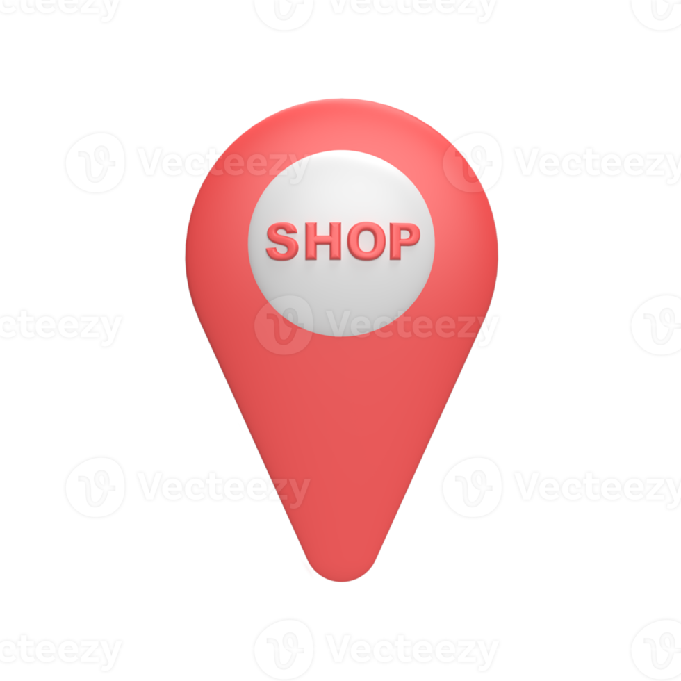 3D pin map with Shop word. Rendered illustration png