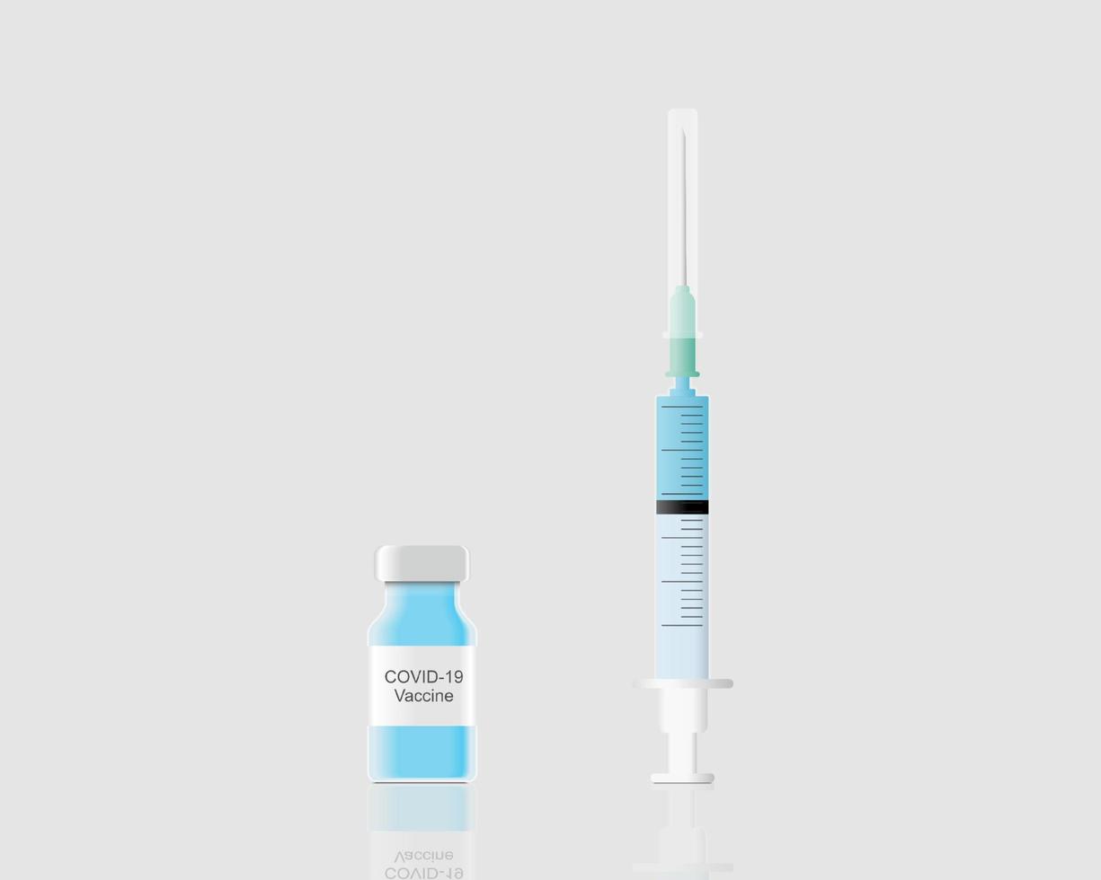 Close up of 3d syringe with vaccine bottle isolated on white background. Medicine injection drug. Medication drug needle cutout. health care medical equipment vector illustration.