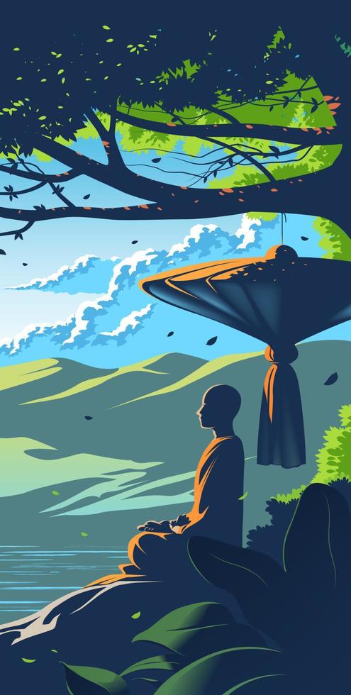 a Theravada monk meditating under the tree with a background of mountains vector