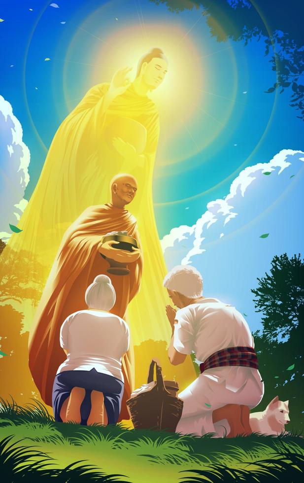 a monk is giving a blessing to an old man and old woman for their offering alms to a monk with the image of Gautama Buddha behind vector