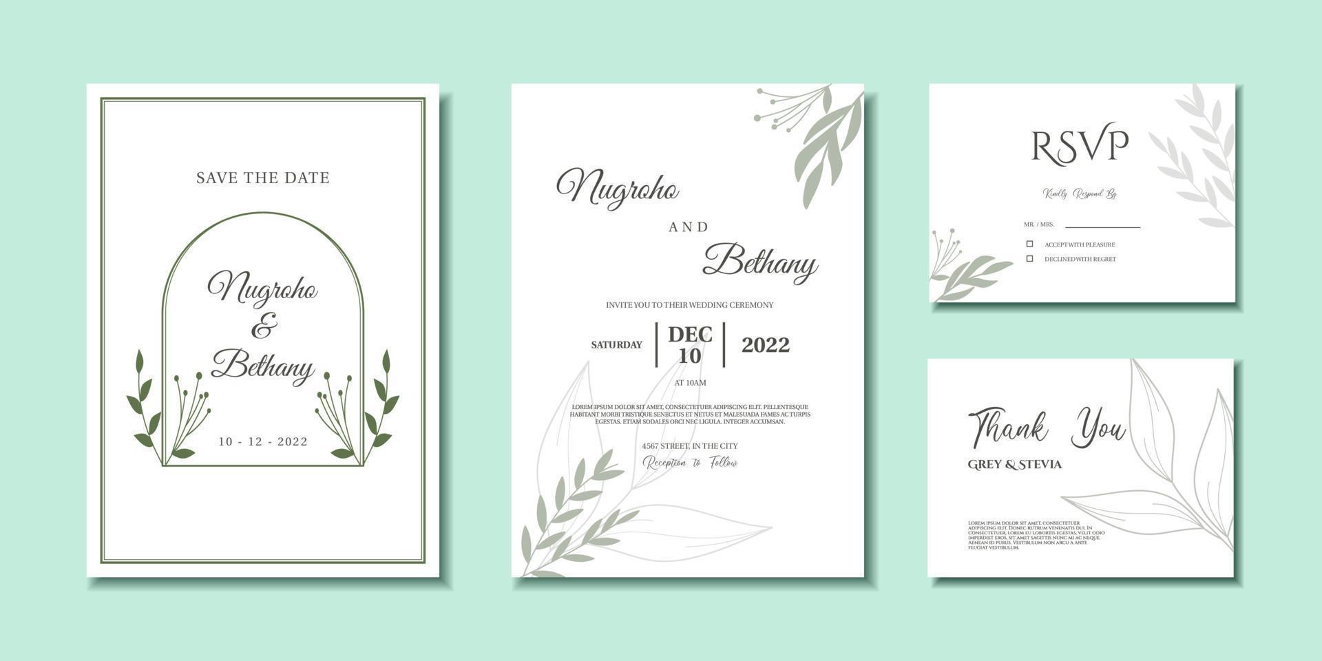 Minimal wedding invitation template with abstract leaves ornament vector