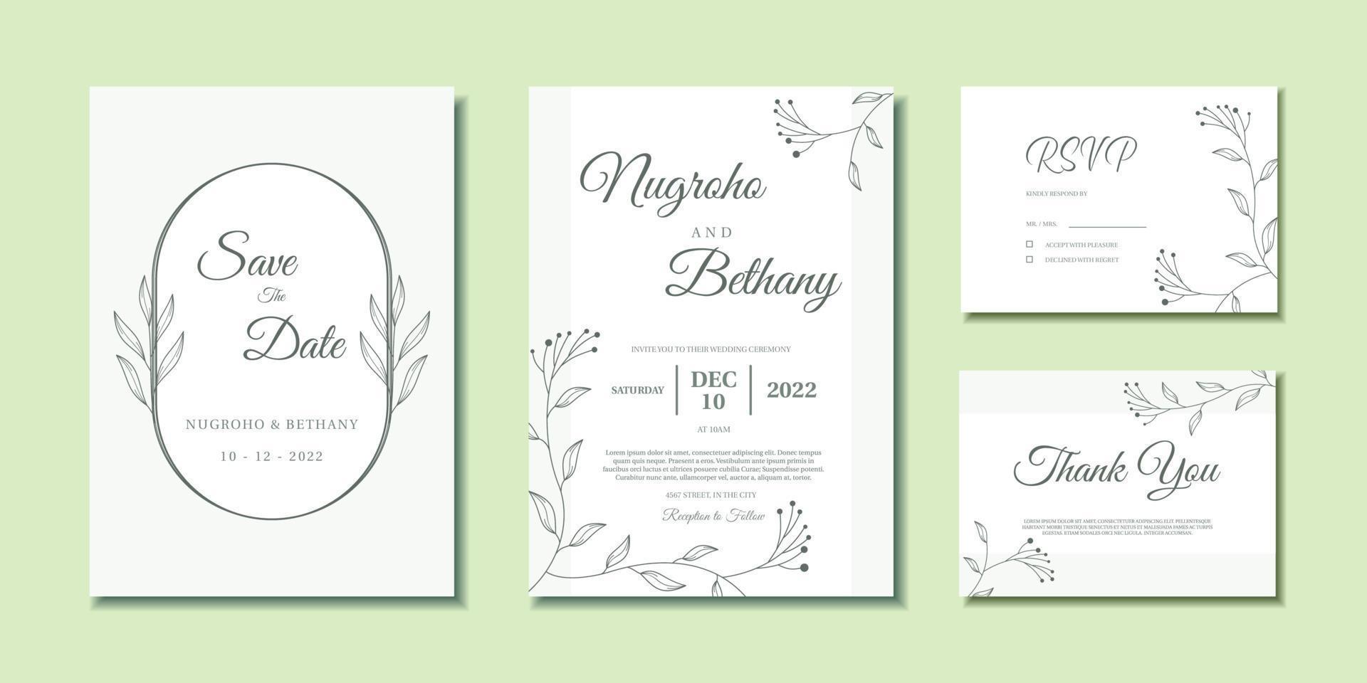 plantilla de invitación de boda mínima con adorno de hojas abstractas vector