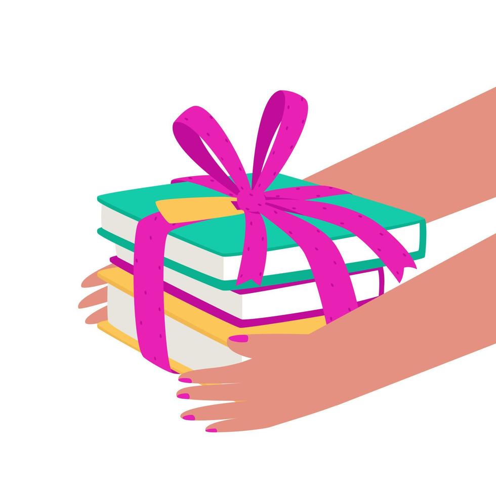 Hands hold a stack of books tied with a bow vector