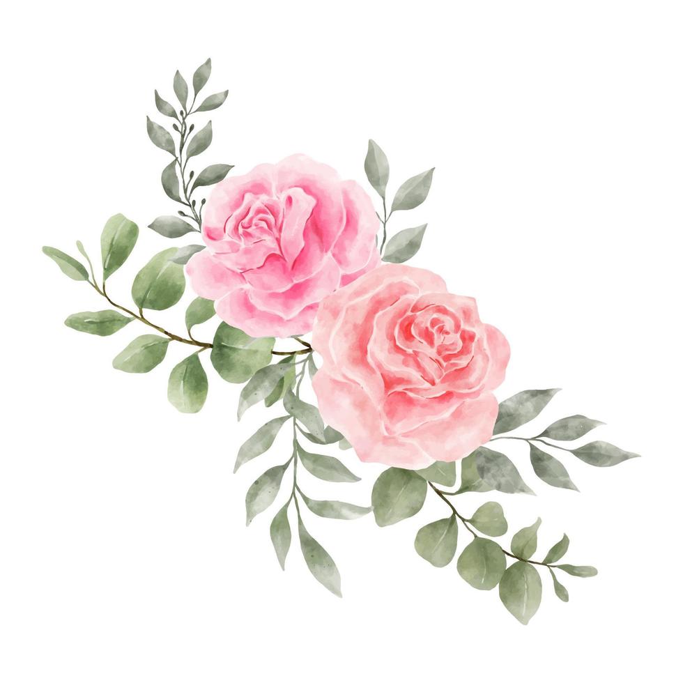 Pink and Red Rose Flowers Watercolor vector isolated on white background. Vintage Flowers and Leaves graphic for wedding, invitation card. Floral illustration