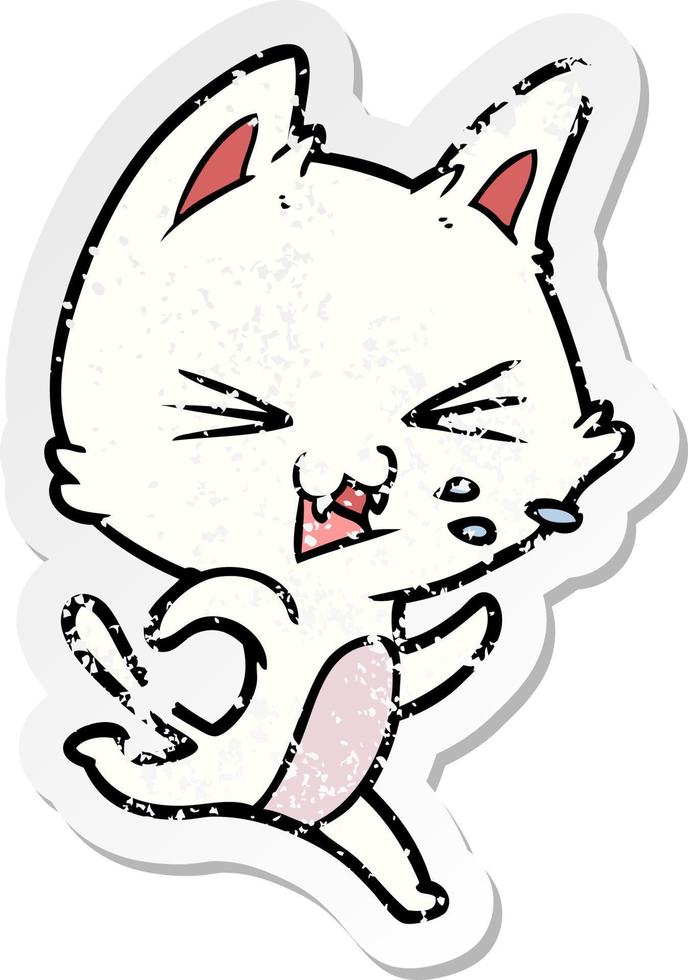 distressed sticker of a cartoon cat hissing vector