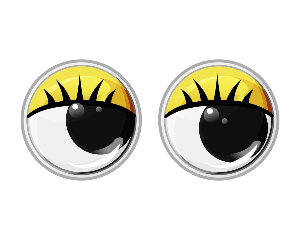 Plastic eyes with eyelashes and yellow eyelids. Look away. Vector cartoon illustration on a white isolated background.