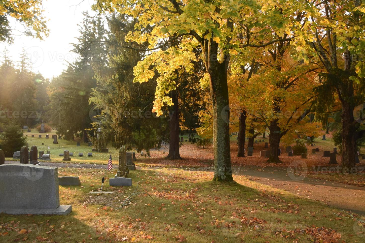 otoño en un cementerio con hojas cambiando de color foto