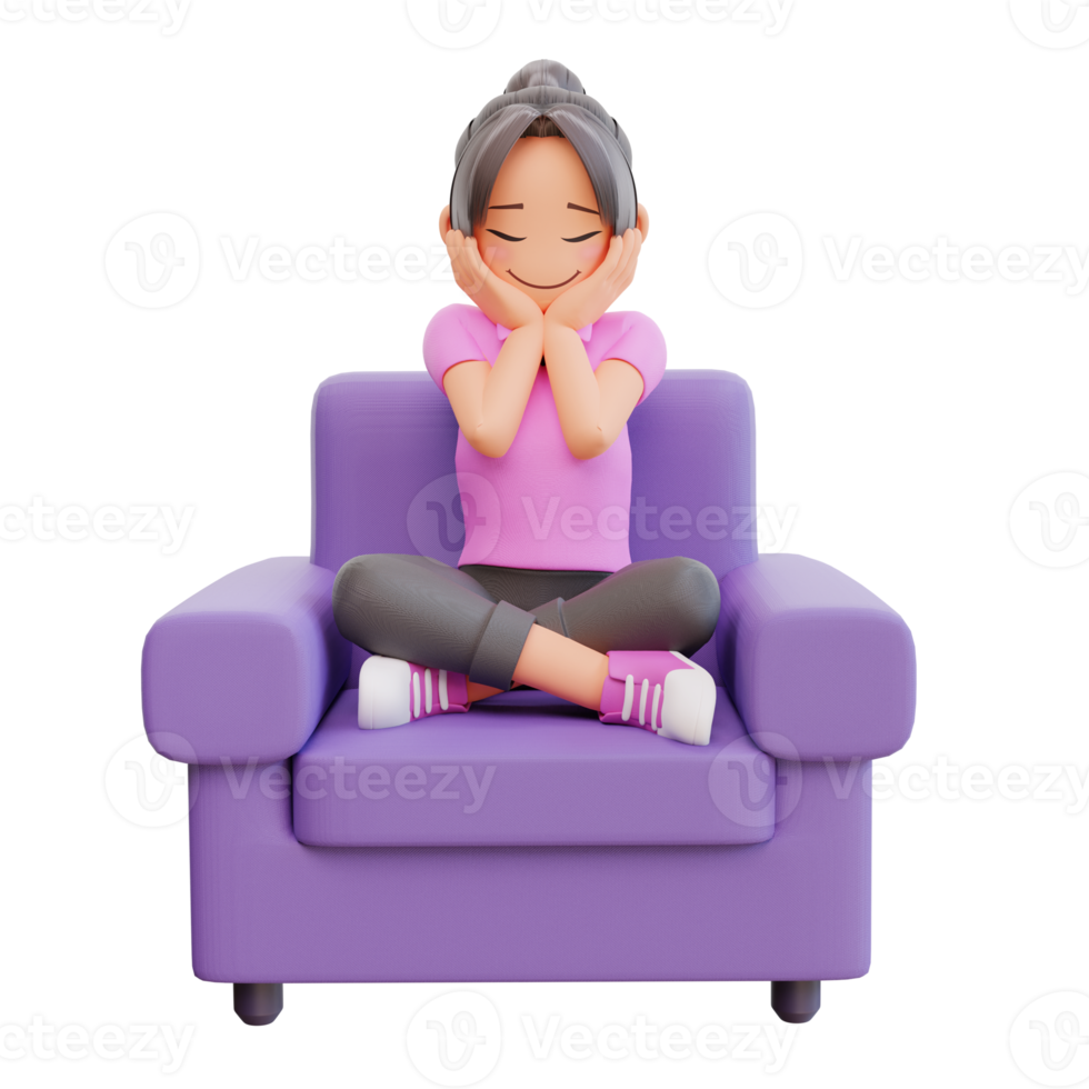 3d render cute girl sitting on the sofa png