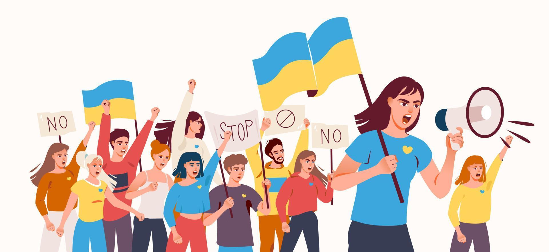 A crowd of people at a rally with the flag of Ukraine and posters. People are protesting against the war in Ukraine. Rally in support of Ukraine. Vector illustration