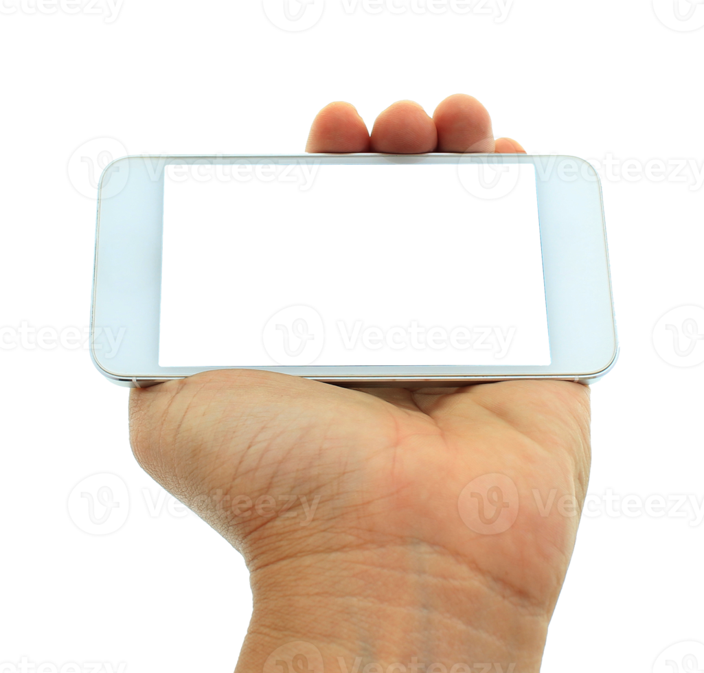 hand holding cell phone show on transparent background png file