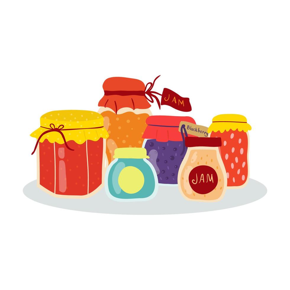 Homemade jam jars Glass jars with berry and fruit jam. Winter supplies. Autumn harvest season. vector